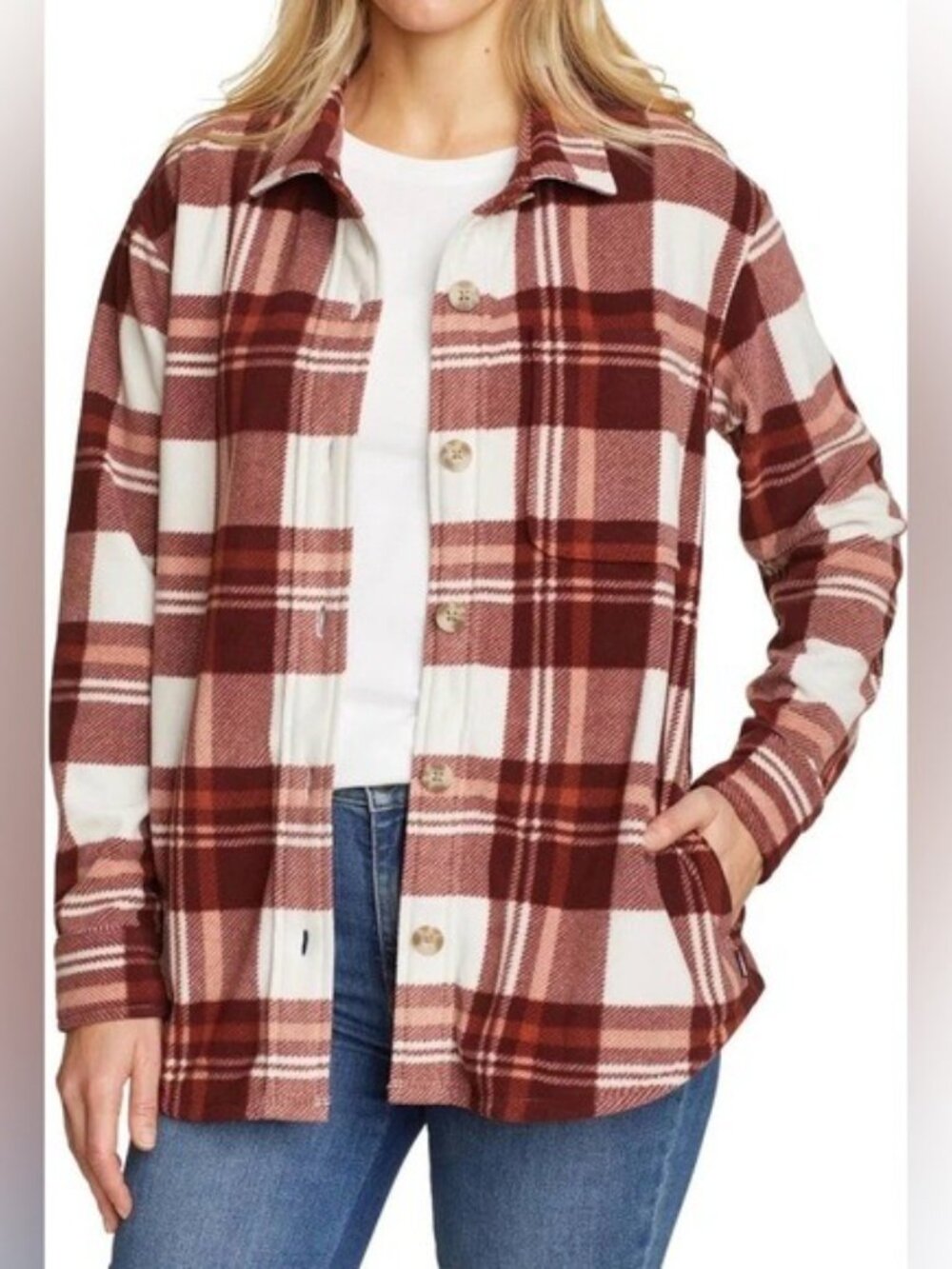 Eddie Bauer | Microfleece Plaid Utility Shacket | Burgundy/Coral/Cream | Medium